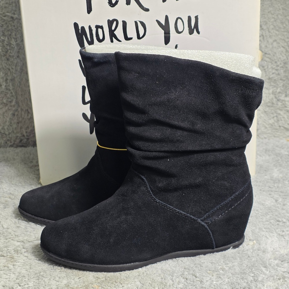 Cougar Buttery Suede Boots Black Waterproof Slouchy Leather Wedge Women 6 W NEW